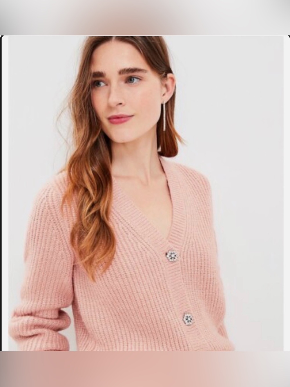 LOFT Blush Ribbed V-Neck Cardigan with Jeweled Buttons